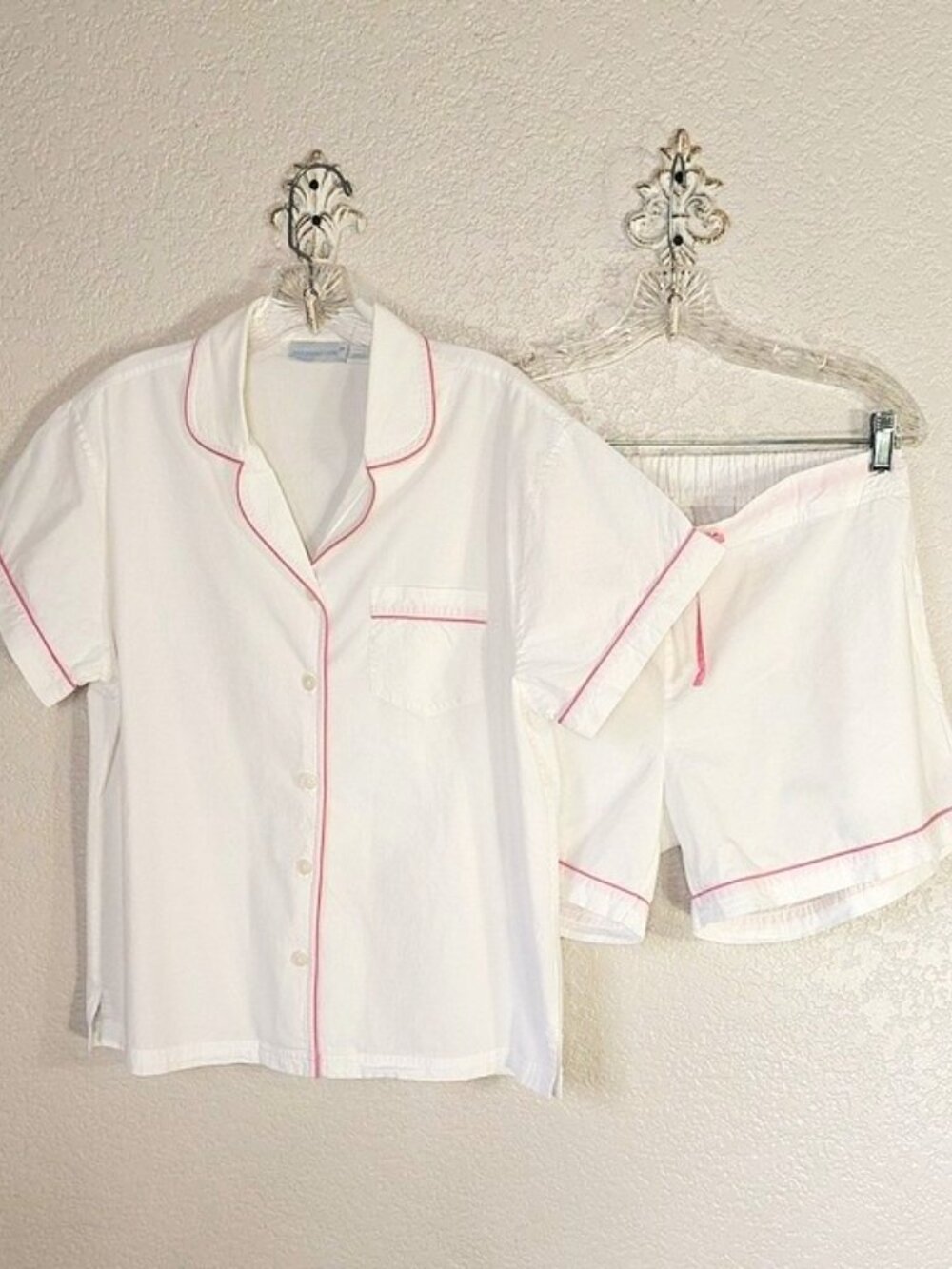 Needham Lane Sz M Logan Pink & White Cotton Poplin Short Sleeve Shorty Pajamas